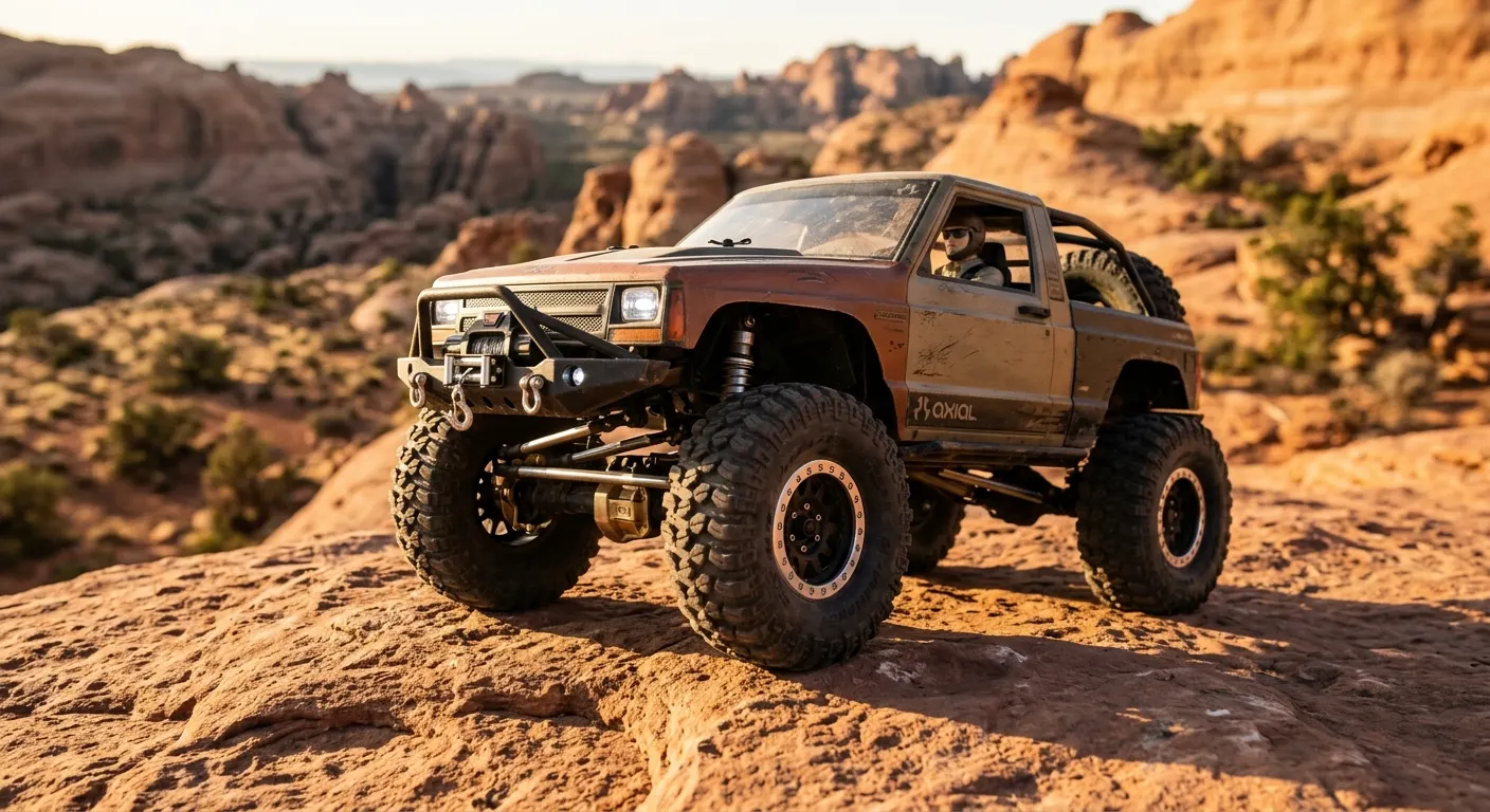 Low-angle view of an Axial SCX10 with Pro-Line tires and aluminum shocks on red sandstone, upgrade parts laid out on a dark workshop surface beside it