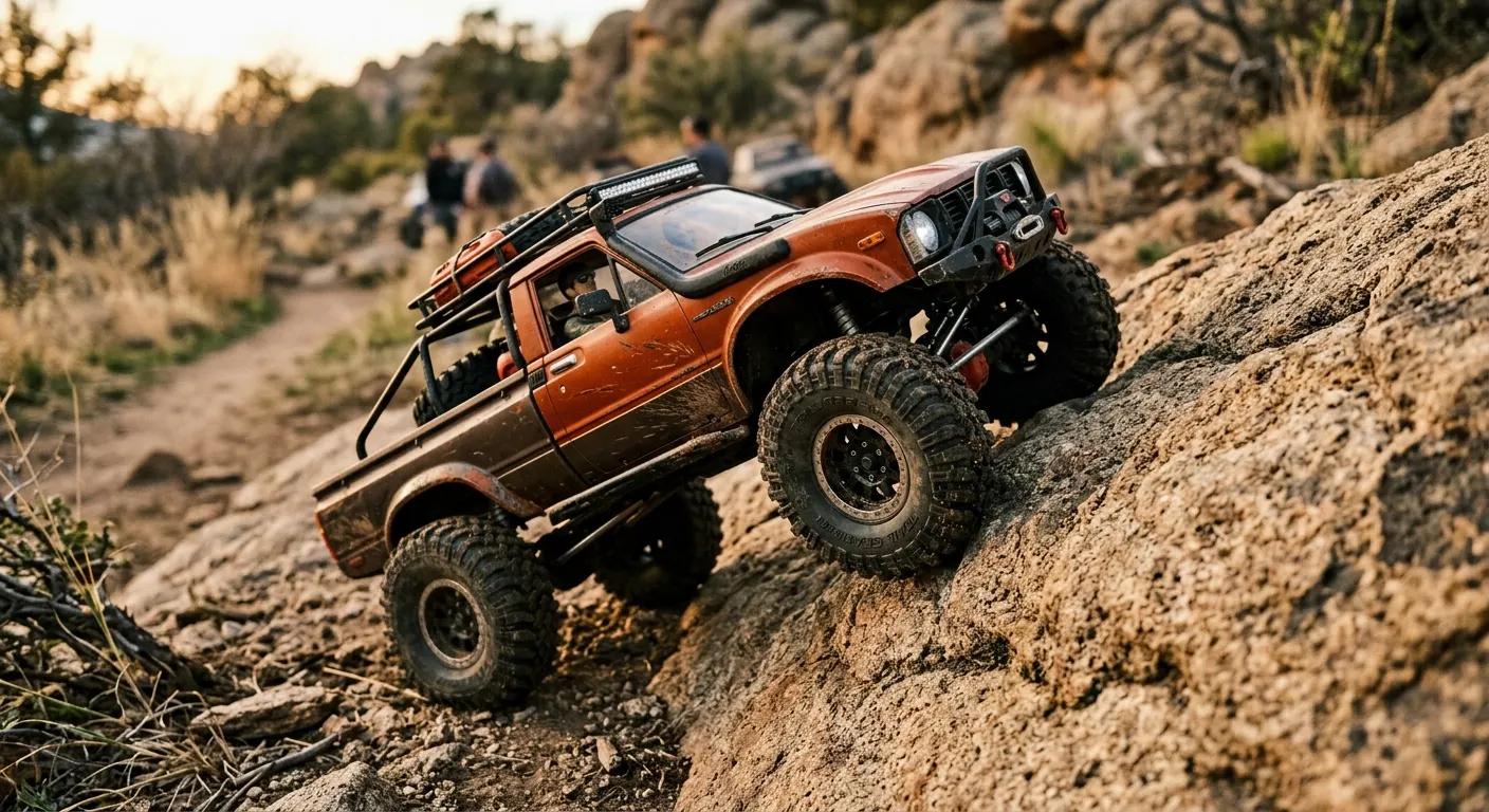 RC crawler gripping a rocky outcrop with detailed tire tread in warm afternoon light